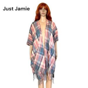 NEW Just Jamie blue pink plaid fringe kimono poncho vest OS